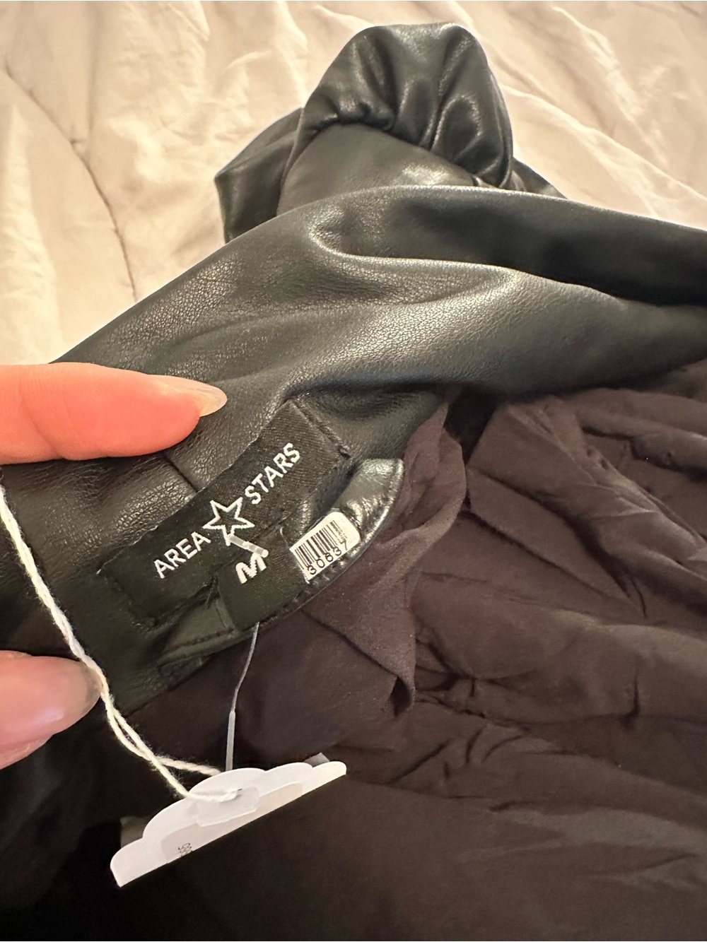 AREA Black Faux Leather Jacket with Textured Fabric - Picture 2 of 2